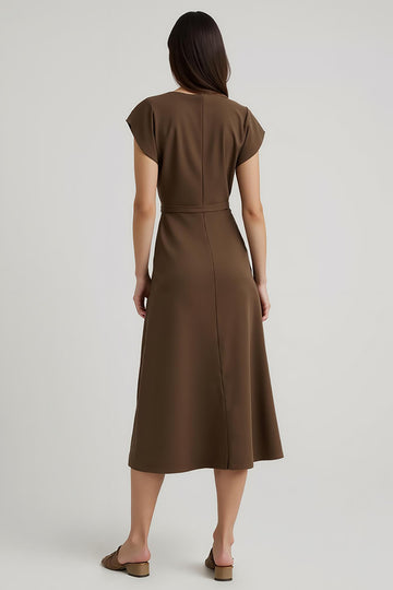 Brown A Line V-Neck Midi Wedding Guest Dress